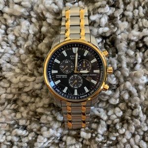 Like new Citizen eco-drive chronograph watch,navy blue face, two toned band